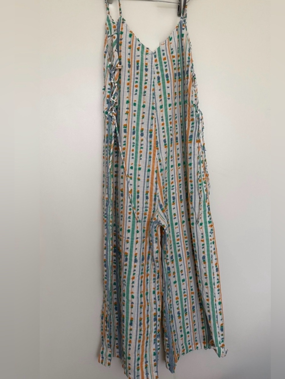 Boho EnCrème Cotton Lattice Weave Flowy Adjustable SideTie WideLeg Beach RomperM